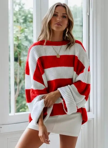Daverri Fashions plus size red white striped knit sweater