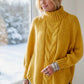 Cozy mustard-yellow oversized cable-knit turtleneck sweater, plus size