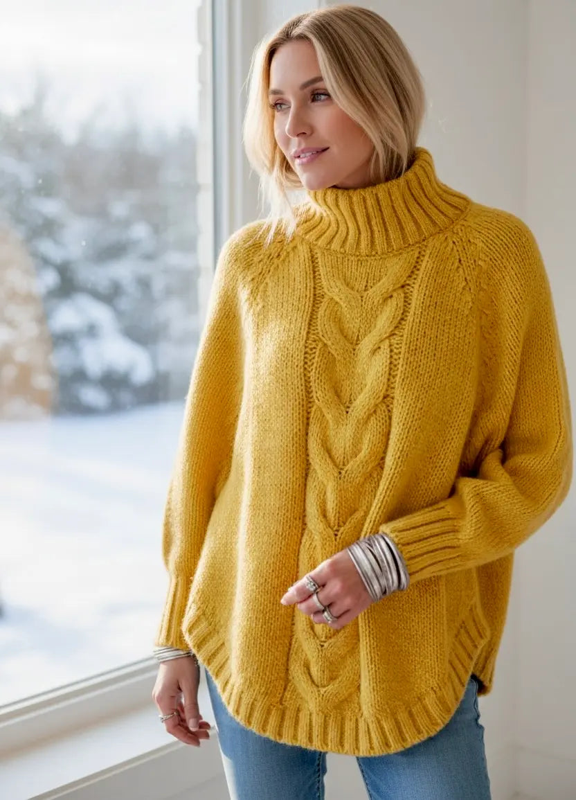 Cozy mustard-yellow oversized cable-knit turtleneck sweater, plus size