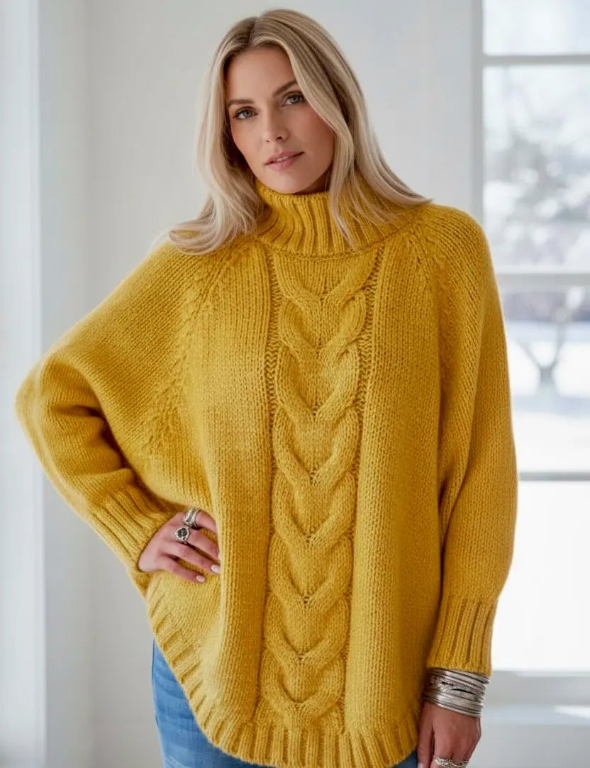 Cozy mustard-yellow oversized cable-knit turtleneck sweater plus size