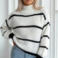 Cozy black and white striped plus size mock neck knit sweater