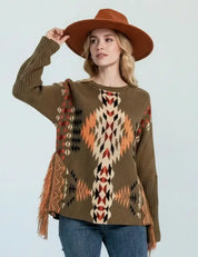 Daverri Fashions Geometric Pattern Fringe Sweater