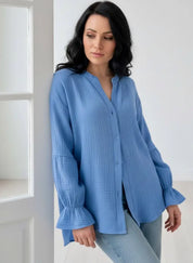 Women’s Collared Flounce Sleeve Loose Fit Cotton Shirt