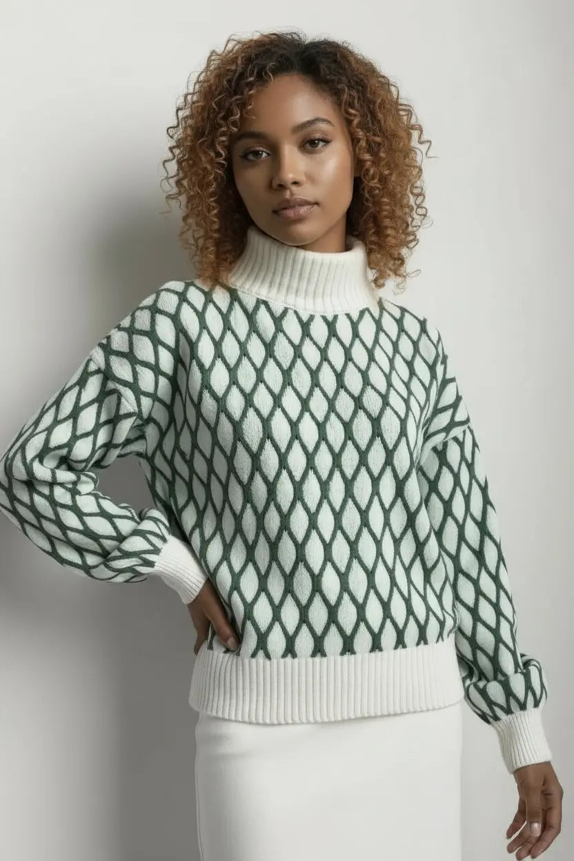 Daverri Fashions Geometric Pattern Turtleneck Sweater