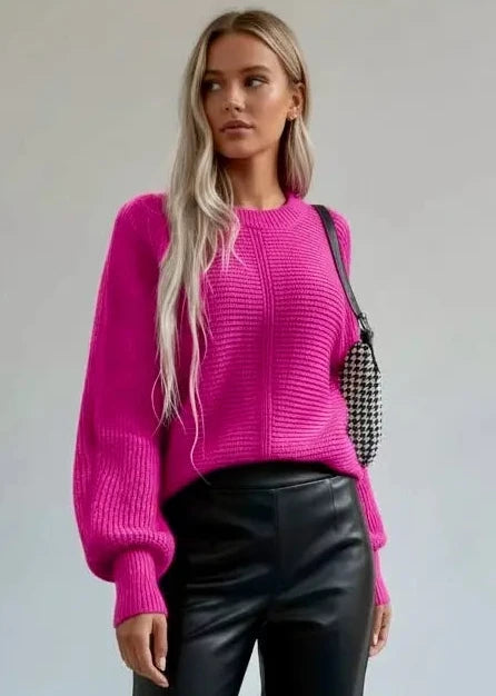 Daverri Fashions Horizontal Ribbing Round Neck Sweater