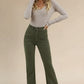 Olive green corduroy high-waisted flared pants with square pockets