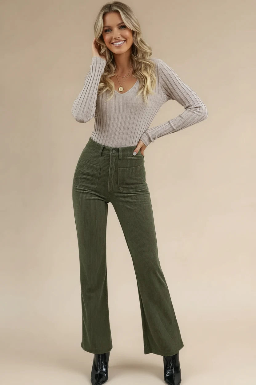 Olive green corduroy high-waisted flared pants with square pockets