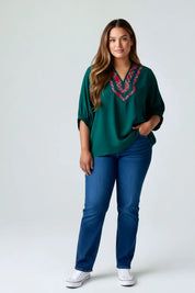 Daverri Fashions Women’s Plaid Trim Half Sleeve Blouse