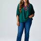 Emerald green Daverri blouse with V-neck plaid embroidery
