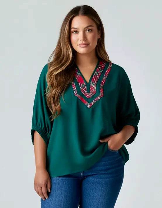 Daverri Fashions emerald green plaid trim V-neck blouse