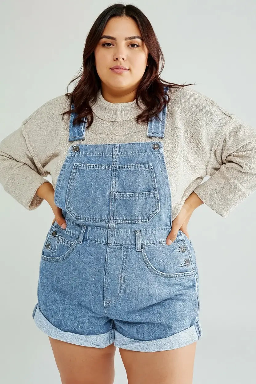 Full-size pocketed square neck wide strap light-wash denim overalls with rolled cuffs