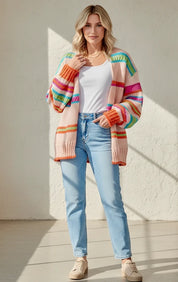 Women’s Open Front Striped Pattern Knit Oversize Cardigan