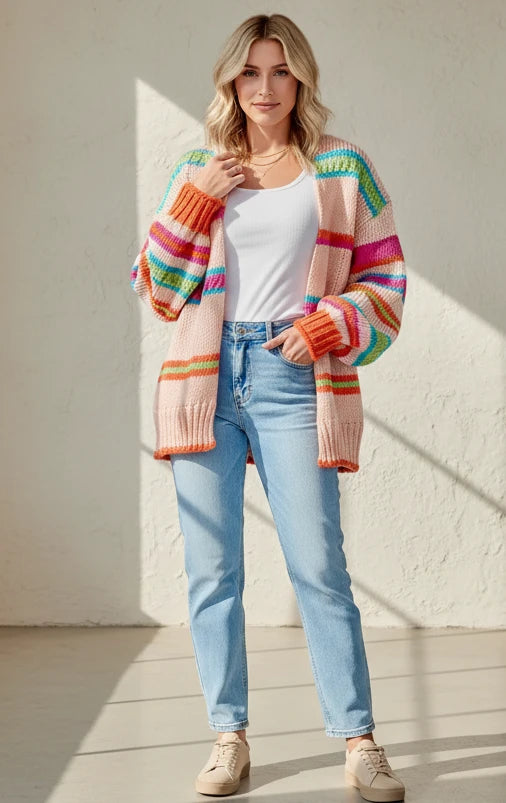 Women’s Open Front Striped Pattern Knit Oversize Cardigan
