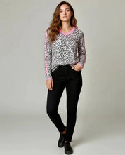 Women’s Leopard Print Contrast V Neck Varsity Stripe Detail Long Sleeve Top