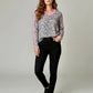 Women’s gray black leopard print V-neck long sleeve top with pink trim