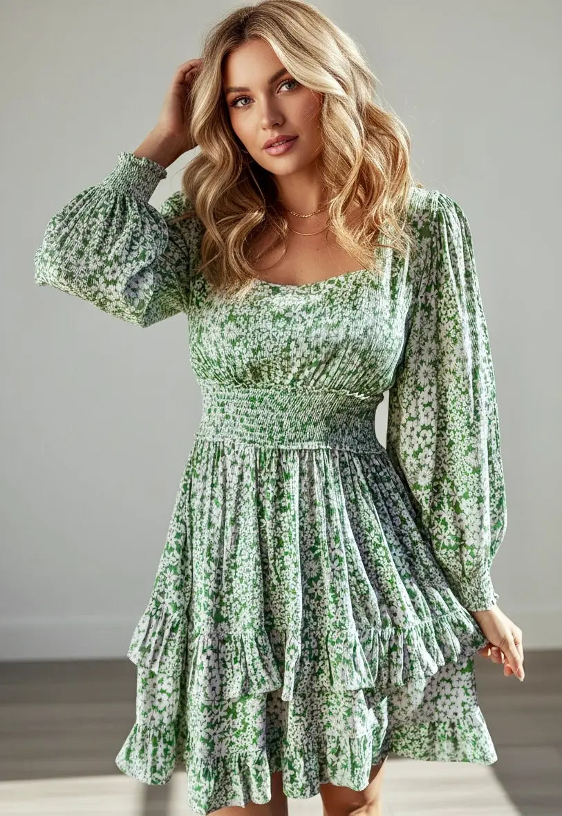 Ruffle Hem Floral Square Neck Long Sleeve Mini Dress