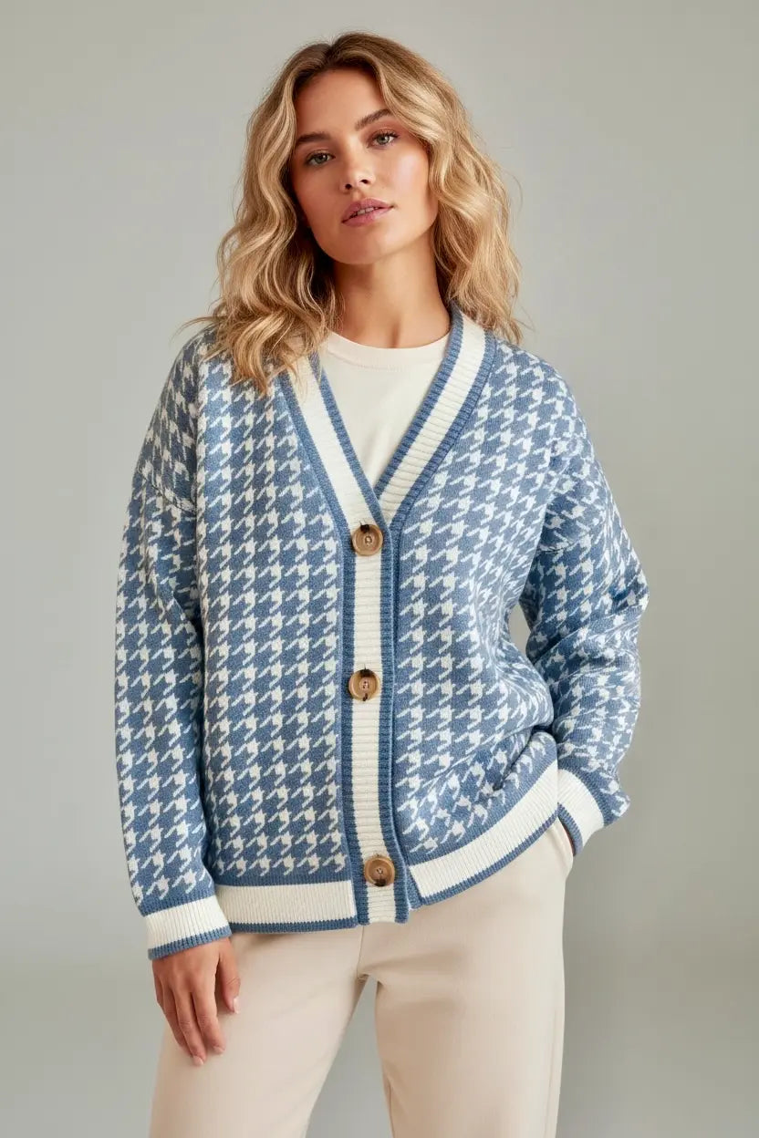 Women’s Houndstooth Pattern V-Neck Button-Up Cardigan