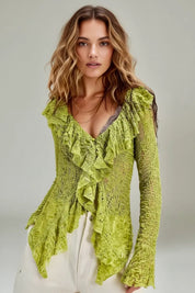 Lace Ruffle V-Neck Blouse
