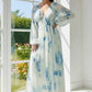 Floral print bohemian maxi dress with balloon sleeves in white and blue