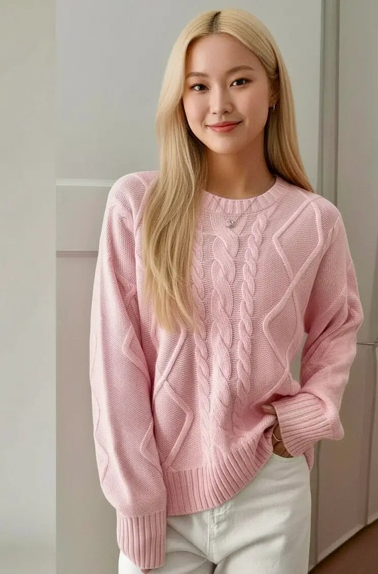 Long Sleeve Loose Fit Crewneck Cable Knit Sweater