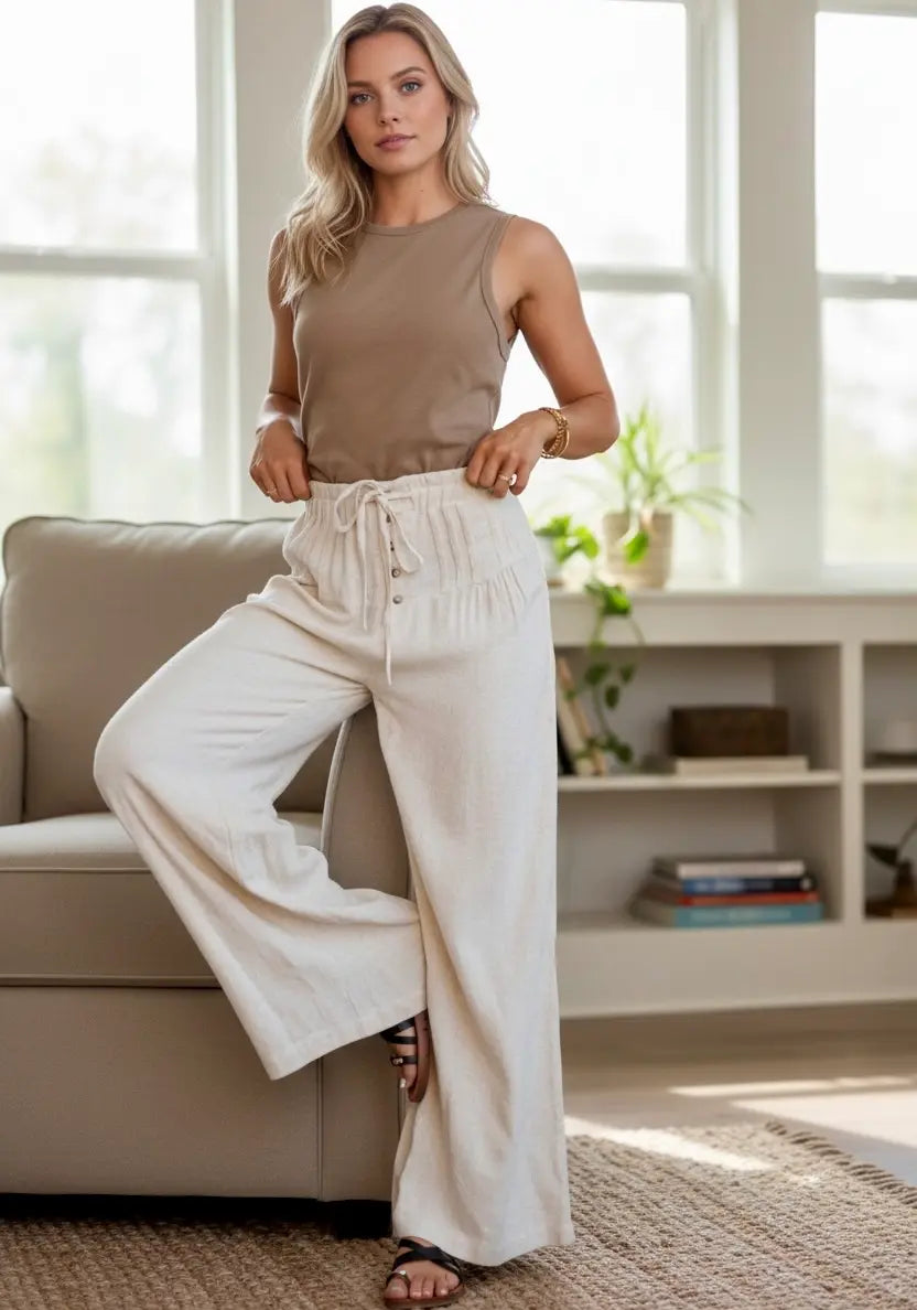 Daverri wide-leg white drawstring pants