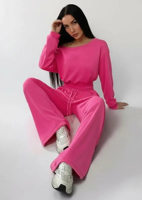 Daverri pink velour boat neck top and wide-leg pants set