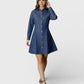 Navy blue denim shirt collar long sleeve flared mini dress
