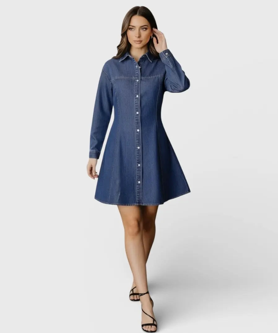 Navy blue denim shirt collar long sleeve flared mini dress