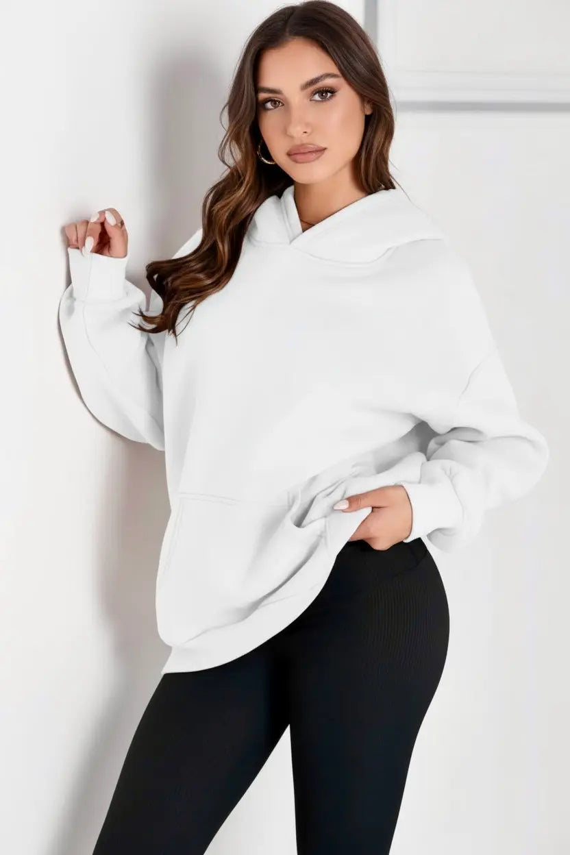 White kangaroo pocket long sleeve hoodie with oversized slouchy fit