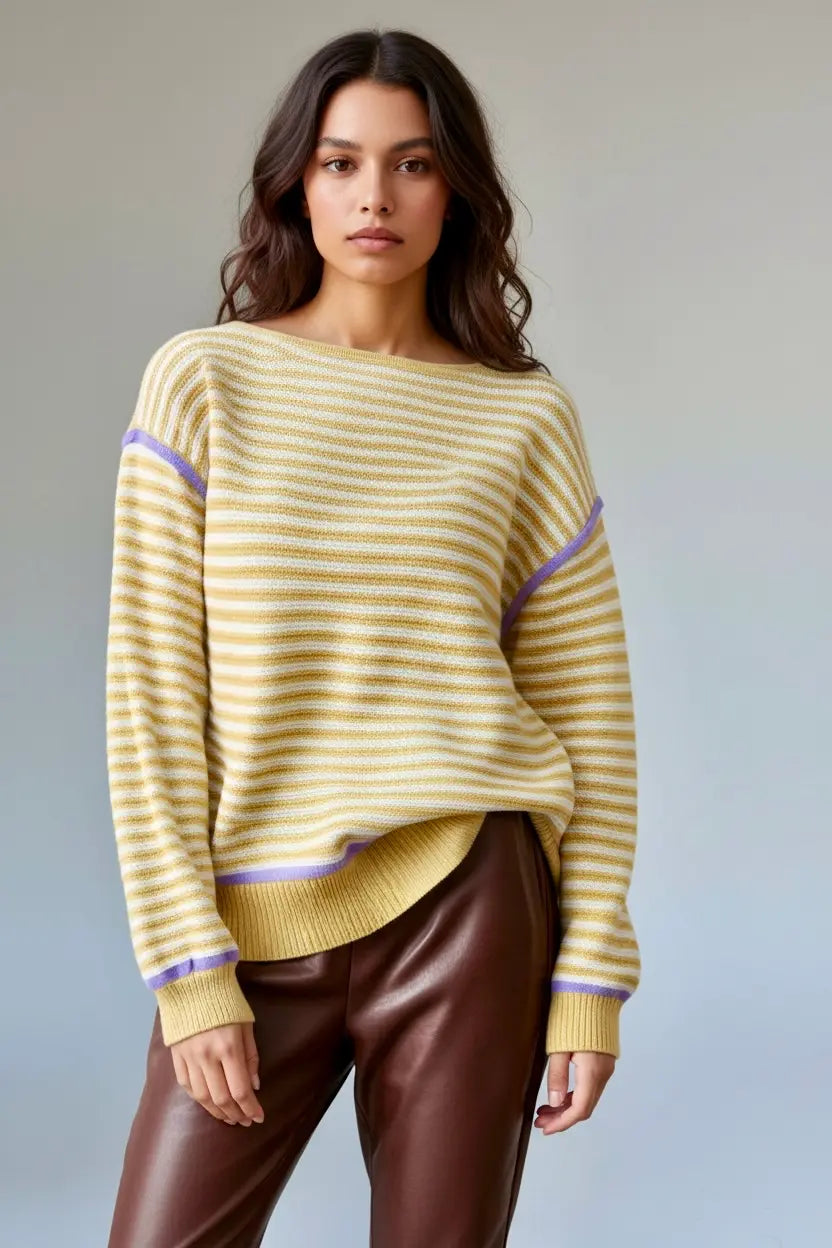 Daverri Striped Round Neck Long Sleeve Sweater