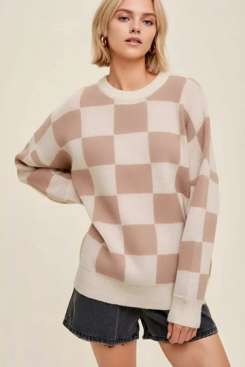 Cozy Daverri checkered ribbed trim knit baggy sweater in beige and cream