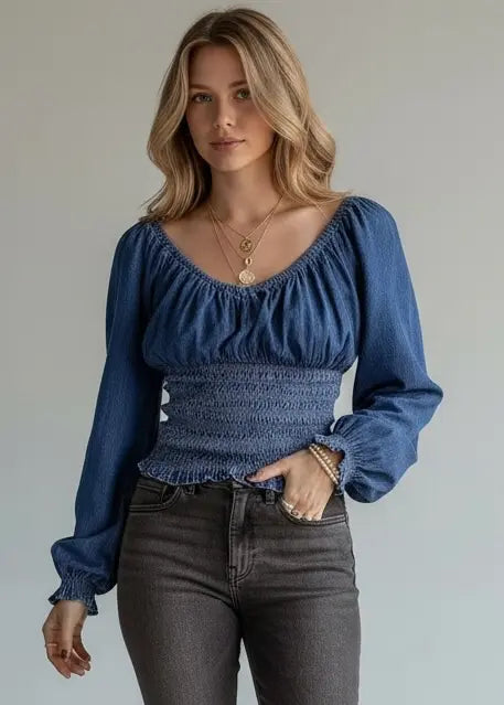 Daverri Smocked Long Sleeve Denim Top