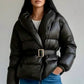 Daverri black quilted belted puffer jacket with metallic buckle
