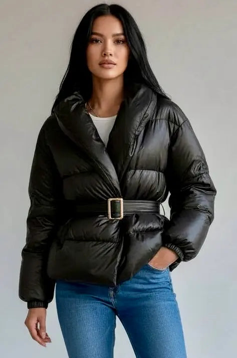 Daverri black quilted belted puffer jacket with metallic buckle