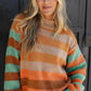 Cozy oversized Striped Rainbow Long Sleeve Sweater in orange, teal, beige stripes