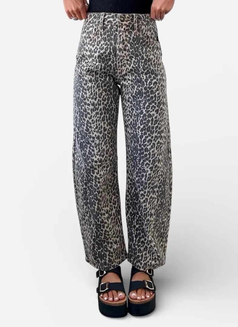 Daverri Leopard Print High Waist Barrel Jeans in faded gray and black