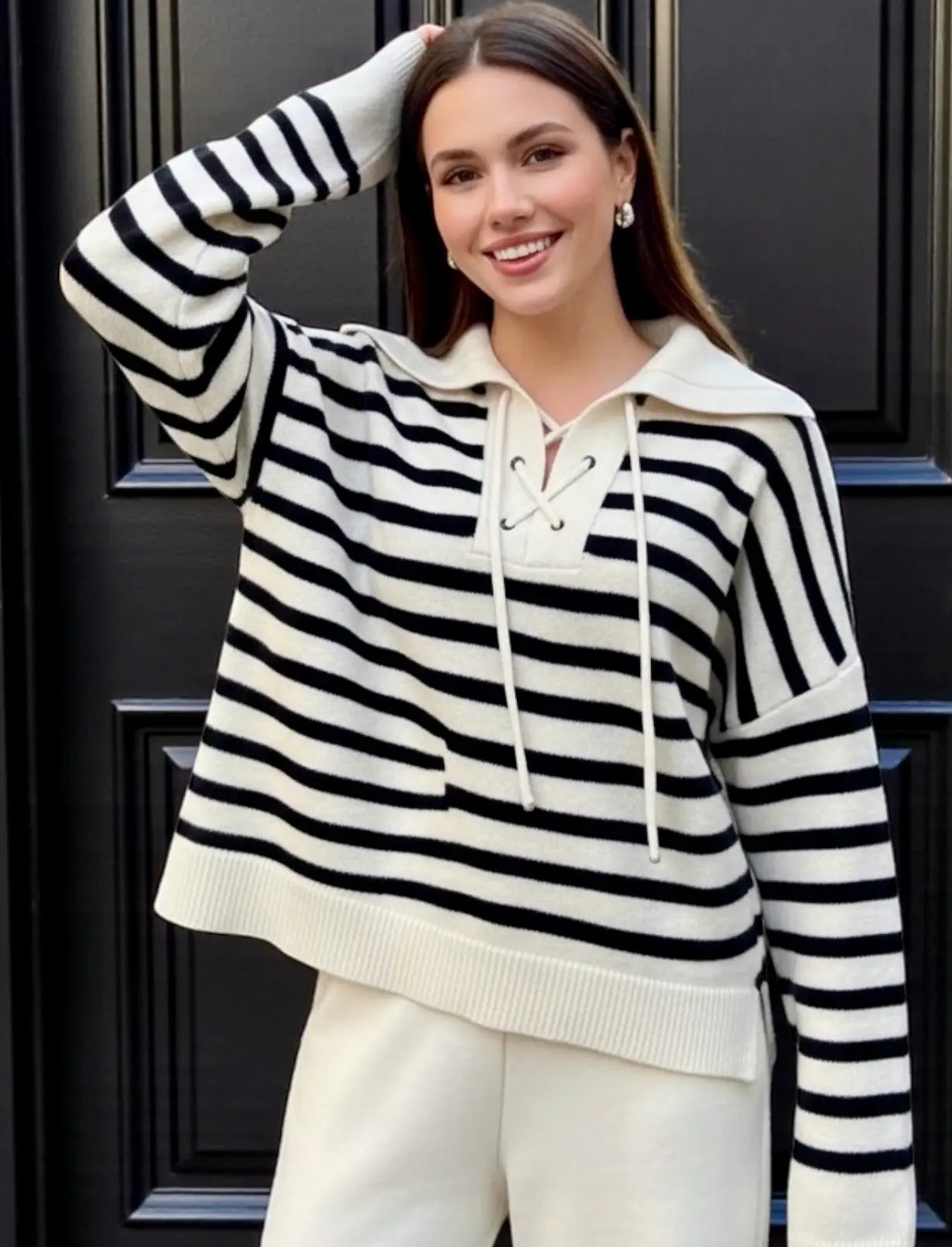 Daverri Striped Lace-Up Long Sleeve Sweater