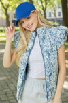 Blue floral embroidered denim puffer vest with puff sleeves