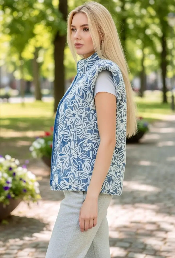 Floral Velvet Embroidered Denim Puffer Vest
