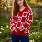 Daverri Floral Heart Checkered V-Neck Sweater in red and white knit with embroidered hearts and flowers