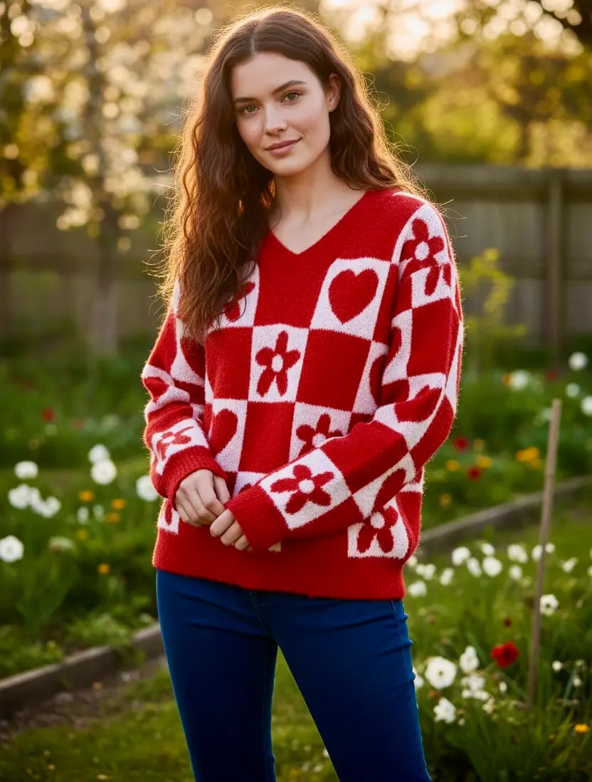 Daverri Floral Heart Checkered V-Neck Sweater