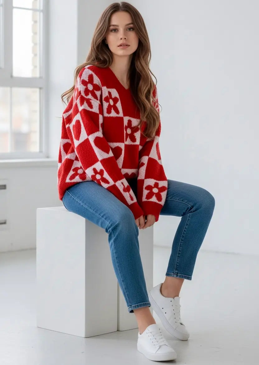 Red and white Daverri floral heart checkered V-neck knitted sweater