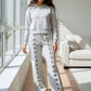 Light gray 2-piece loungewear set with metallic circular embellishments