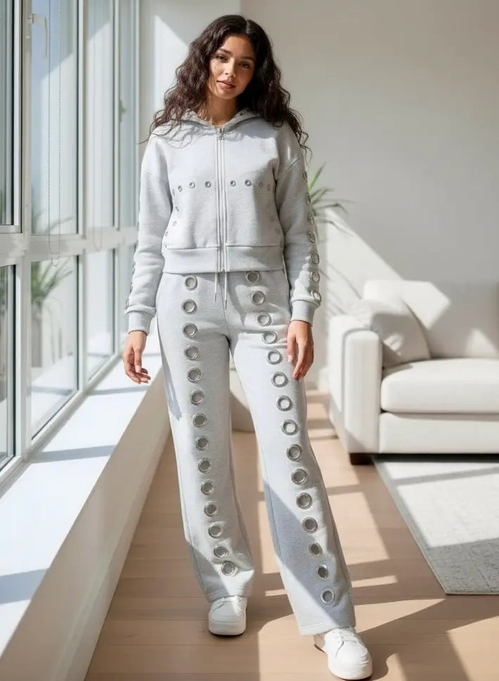 Light gray 2-piece loungewear set with metallic circular embellishments
