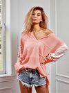 Bibi Peach Striped Sleeve Lightweight Waffle Knit Top