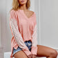 Bibi Peach Striped Sleeve Lightweight Waffle Knit Top