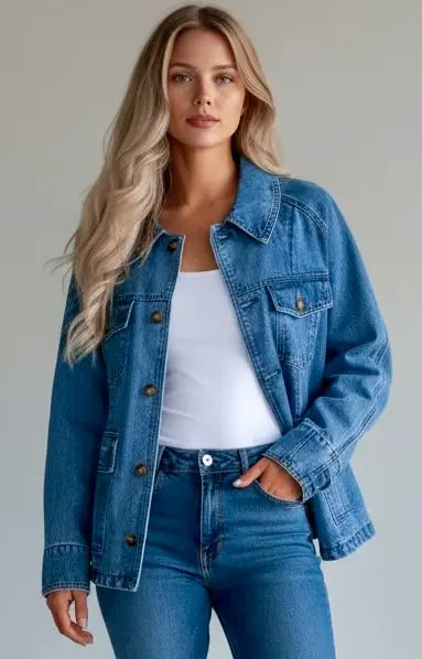 Daverri button up raglan sleeve denim jacket in blue with pockets