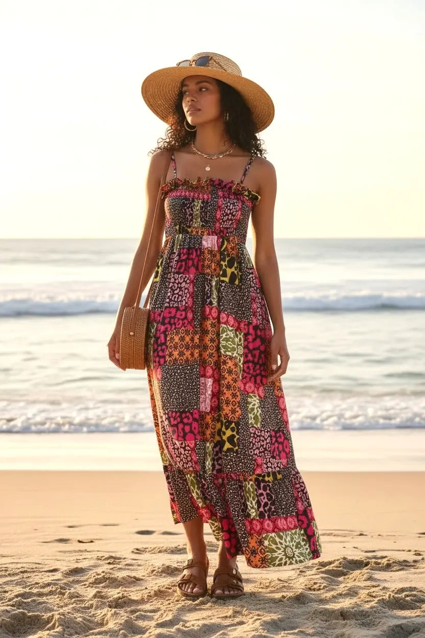 Daverri Smocked Leopard Cami Dress in vibrant pink, black, green patchwork maxi style