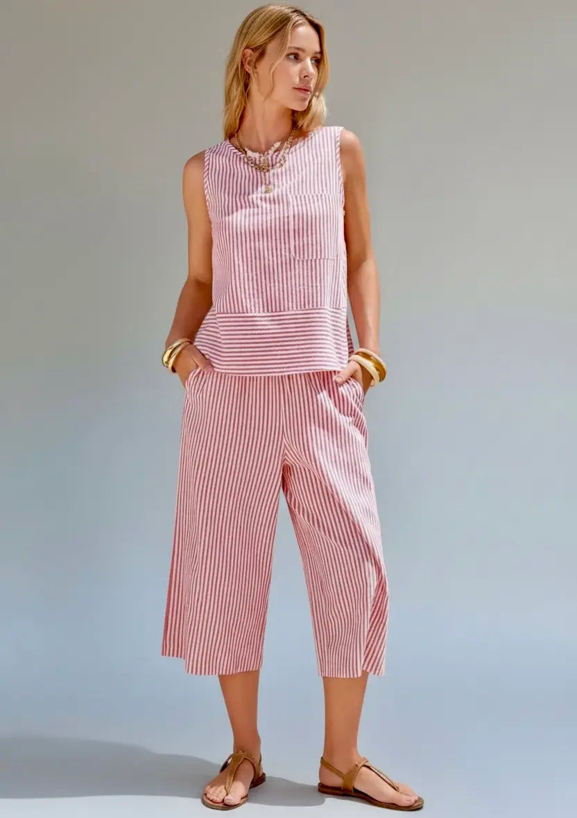 Daverri pink white striped sleeveless top with pleated hem
