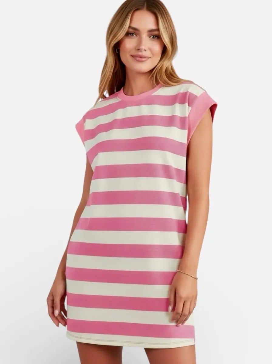 Daverri striped cap sleeve pocketed shift dress in pink and white